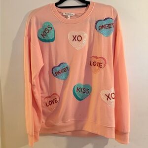 Workshop Peach Valentine Heart Sweatshirt | Size Large | Sequin Candy Hearts